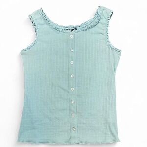 y2k xtraordinary light blue button up tank top with scalloped lace edges